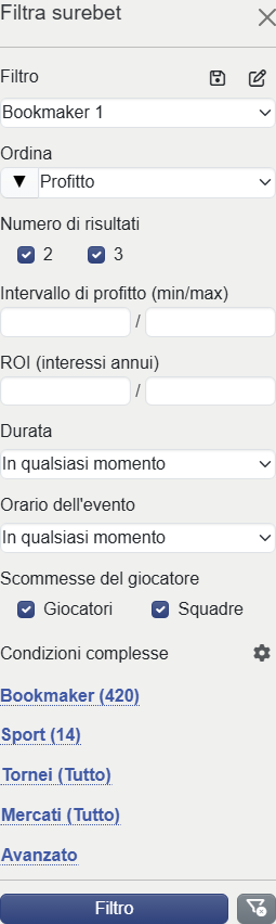 Mobile Surebets Filter