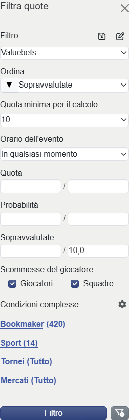 Valuebets filter in mobile version